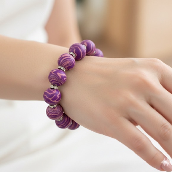 Handmade my Kool Klay Jewelry - Unique Artisan Purple Marble-Look Beaded Bracelet with Rhinestone Spacers
